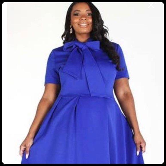 SOLD OUT: Solid Royal Blue Midi Flare Style Dress with Necktie, - Picture 7 of 13